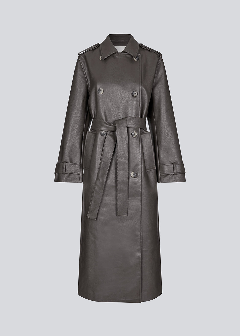 Double-breasted trench coat with tieband at the waist in a soft PU material. JoseeMD jacket has long wide sleeves, sidepockets and a slit in the back.