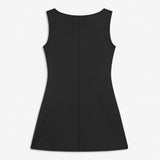 Fitted black mini dress in an A-line shape with a round neck and no sleeves. JosefineMD tank flare dress is made from a stretchy material.&nbsp;