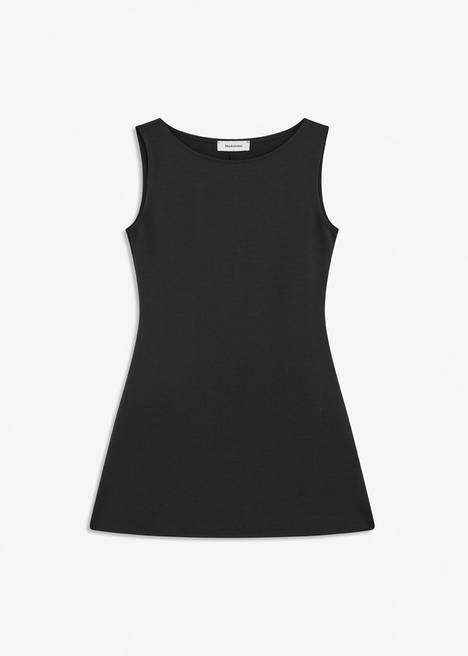 Fitted black mini dress in an A-line shape with a round neck and no sleeves. JosefineMD tank flare dress is made from a stretchy material.&nbsp;
