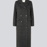 Classic, double-breasted wool coat in a grey color with collar and notch lapels. JuniperMD check coat has a relaxed fit, lining and a slit in the back.
