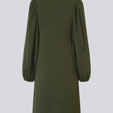 Dark green short dress in a light structured material. KarliMD short dress has puff sleeves and a V-neck.