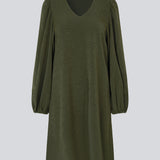 Dark green short dress in a light structured material. KarliMD short dress has puff sleeves and a V-neck.