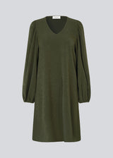 Dark green short dress in a light structured material. KarliMD short dress has puff sleeves and a V-neck.