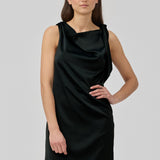 Midi satin dress with waterfall detail at the neck in black. KatjaMD dress has a tie detail at the shoulder and a relaxed fit.&nbsp;