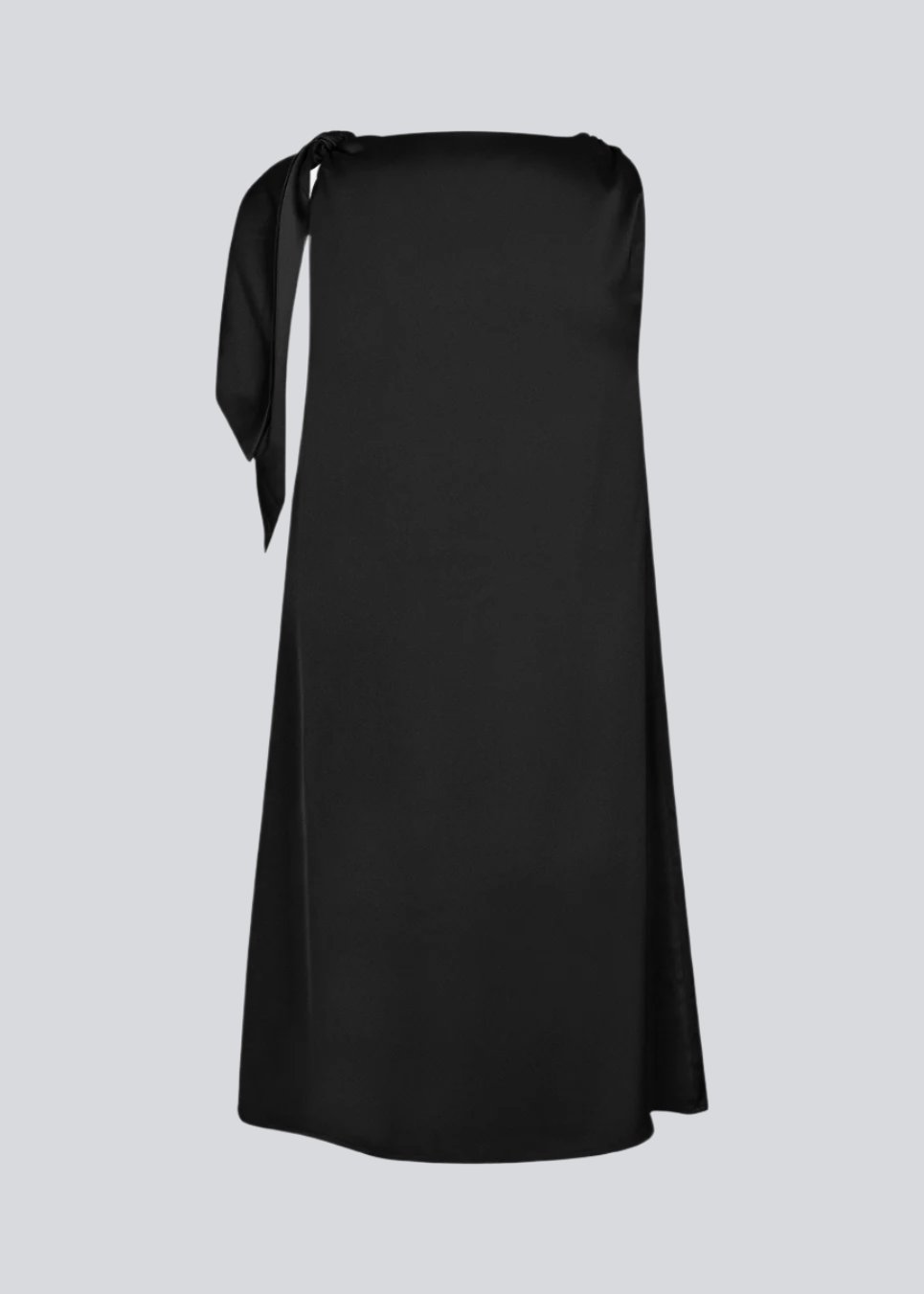 Midi satin dress with waterfall detail at the neck in black. KatjaMD dress has a tie detail at the shoulder and a relaxed fit.