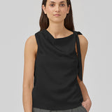 Black satin top with waterfall detail at the neck. Katja MD top has a tie detail at the shoulder and a relaxed fit.