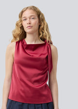 Satin top with waterfall detail at the neck. Katja MD top has a tie detail at the shoulder and a relaxed fit.