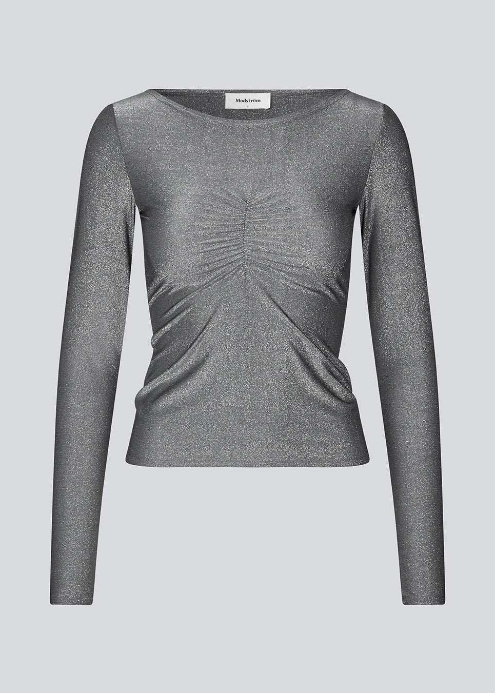 Silver top with long sleeves in an elastic material. KelaniMD top has an elastic gathering at the chest and a wide neckline.