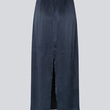 Loose maxi skirt i dark blue in satin. KindleMD skirt has a slit in the back and an invisible zipper in the side.