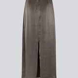 Loose elegant maxi skirt in viscose satin in brown. KindleMD skirt has a slit in the back and an invisible zipper on the side.