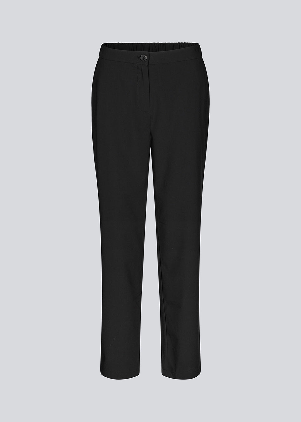 Loose black pants with a high waist. KollinMD pants have a fly, side pockets and elastic in the waist.