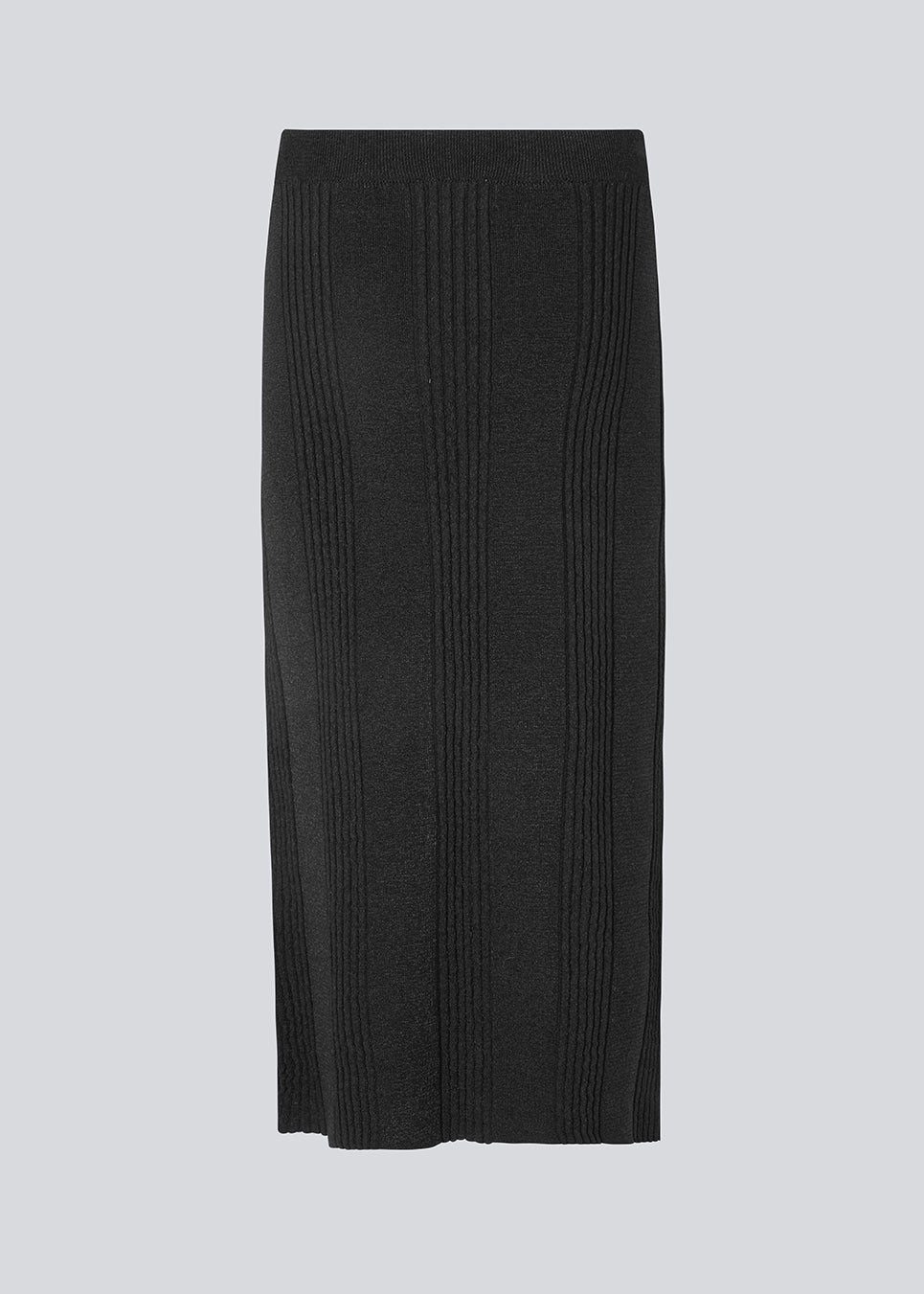 Knitted midi skirt. KrissaMD skirt in Balck has a slit in the front and an elastic waistband.