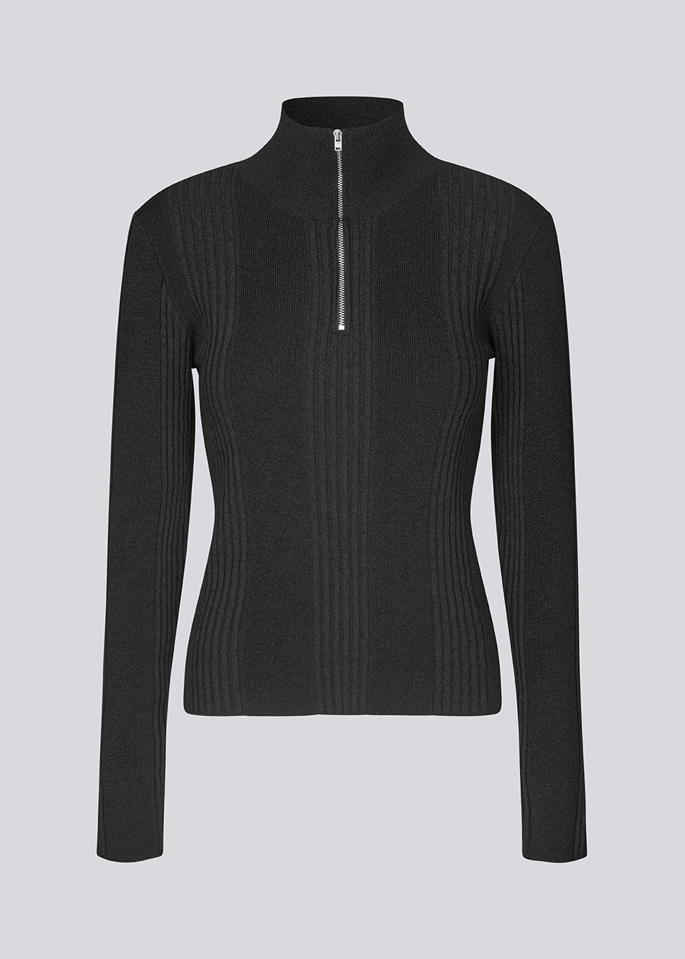 Fitted knit with a high neck. KrissaMD zip t-neck in Black is in rib knit and has a zipper in front.