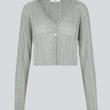 Knitted cardigan in a metallic material. KristenMD cardigan is silver and has a loose fit, a V-neck and is slightly cropped.