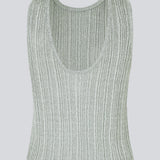 Sleeveless silver knitted top in a metallic material. KristenMD top has a loose fit, a round neck and a deep back neckline.