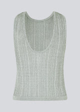 Sleeveless silver knitted top in a metallic material. KristenMD top has a loose fit, a round neck and a deep back neckline.