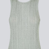 Sleeveless silver knitted top in a metallic material. KristenMD top has a loose fit, a round neck and a deep back neckline.