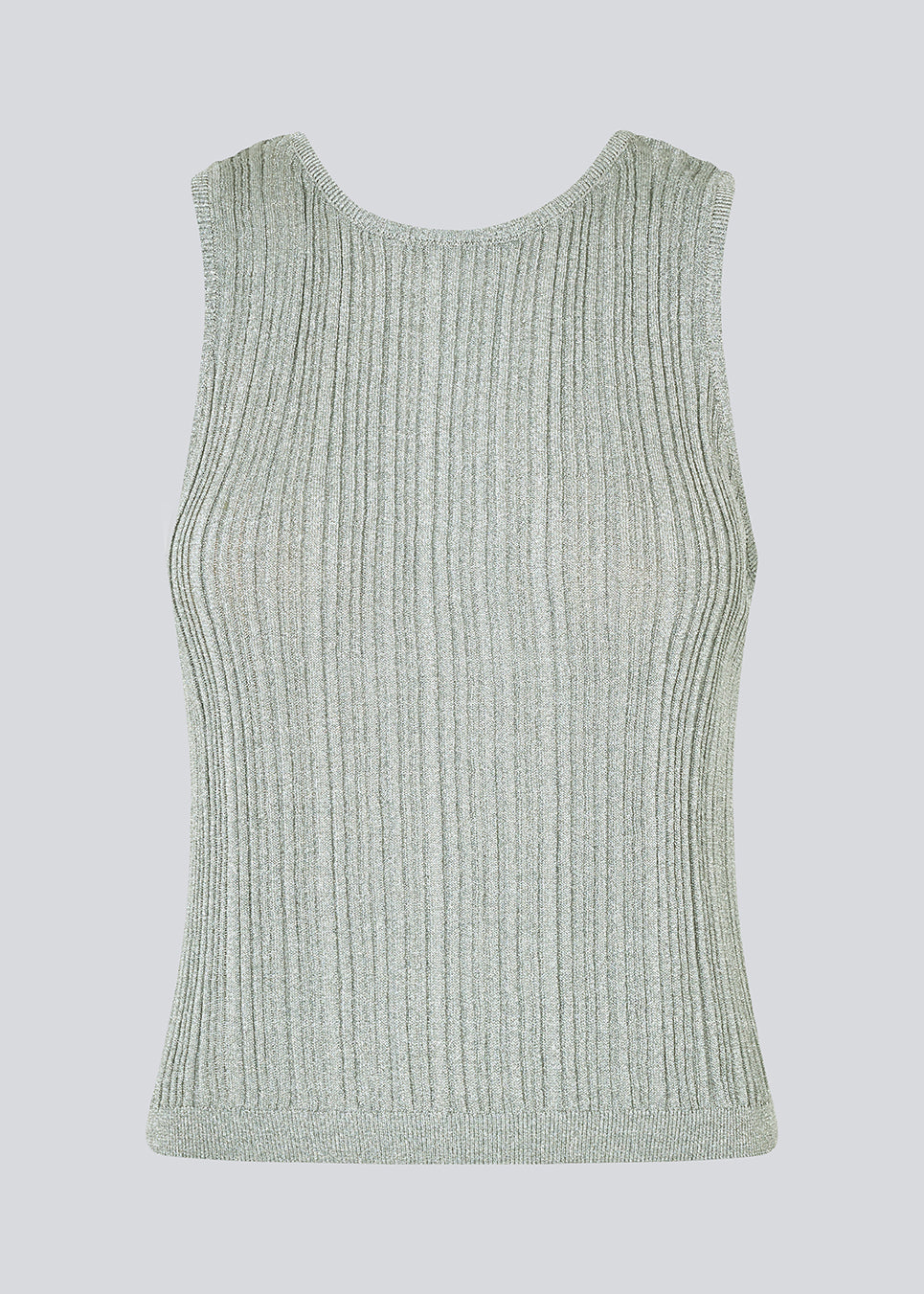 Sleeveless silver knitted top in a metallic material. KristenMD top has a loose fit, a round neck and a deep back neckline.