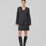 Short dark grey skirt in a pinstriped wool mix. KristolMD skirt has lining and an invisible zipper in the side.