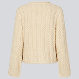 Loose wool knit in creme color with wide sleeves. KurtisMD v-neck has a v-neck and rolled edges.
