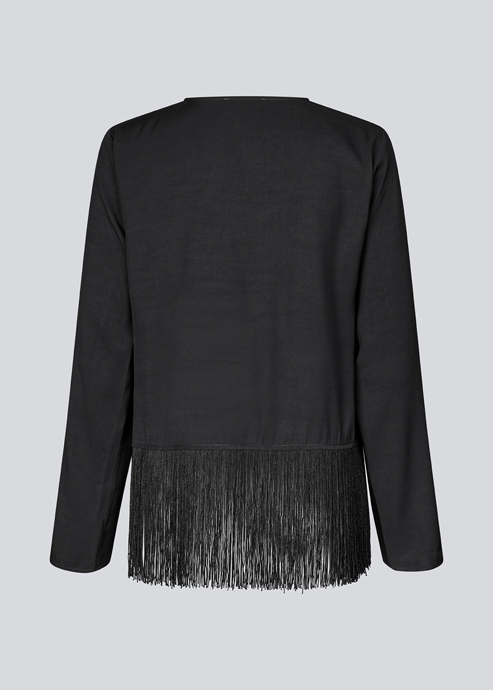Black top with long sleeves in twill and a fringe detail. KylerMD shirt has a V-neck and loose sleeves.