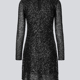 Black short dress with sequins. LaraMD dress has a slim silhouette with a round neck and longsleeves, along with a keyhole opening at the back with a button closure.
