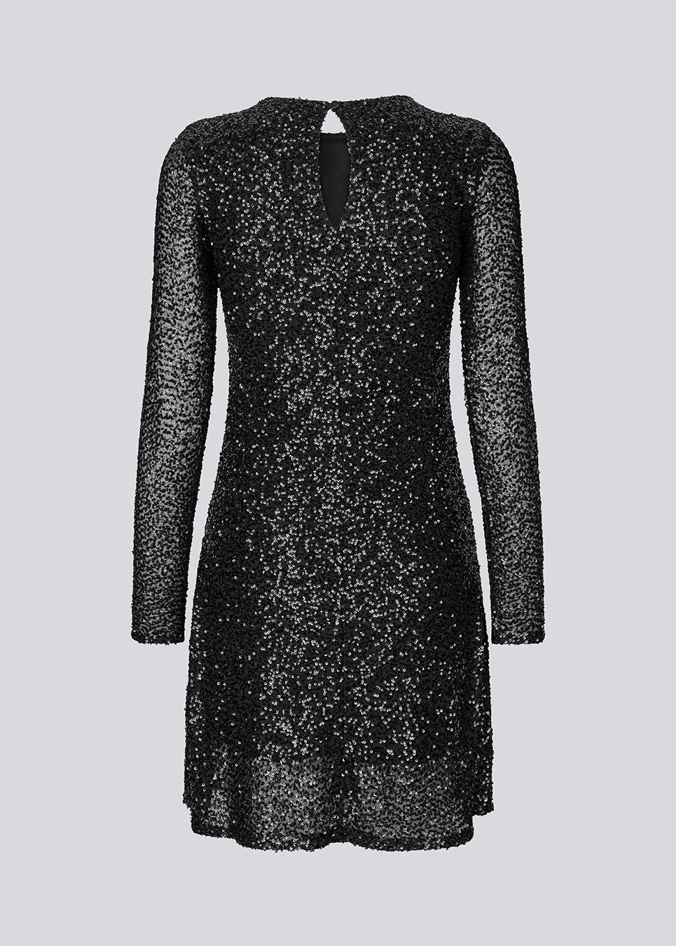 Black short dress with sequins. LaraMD dress has a slim silhouette with a round neck and longsleeves, along with a keyhole opening at the back with a button closure.
