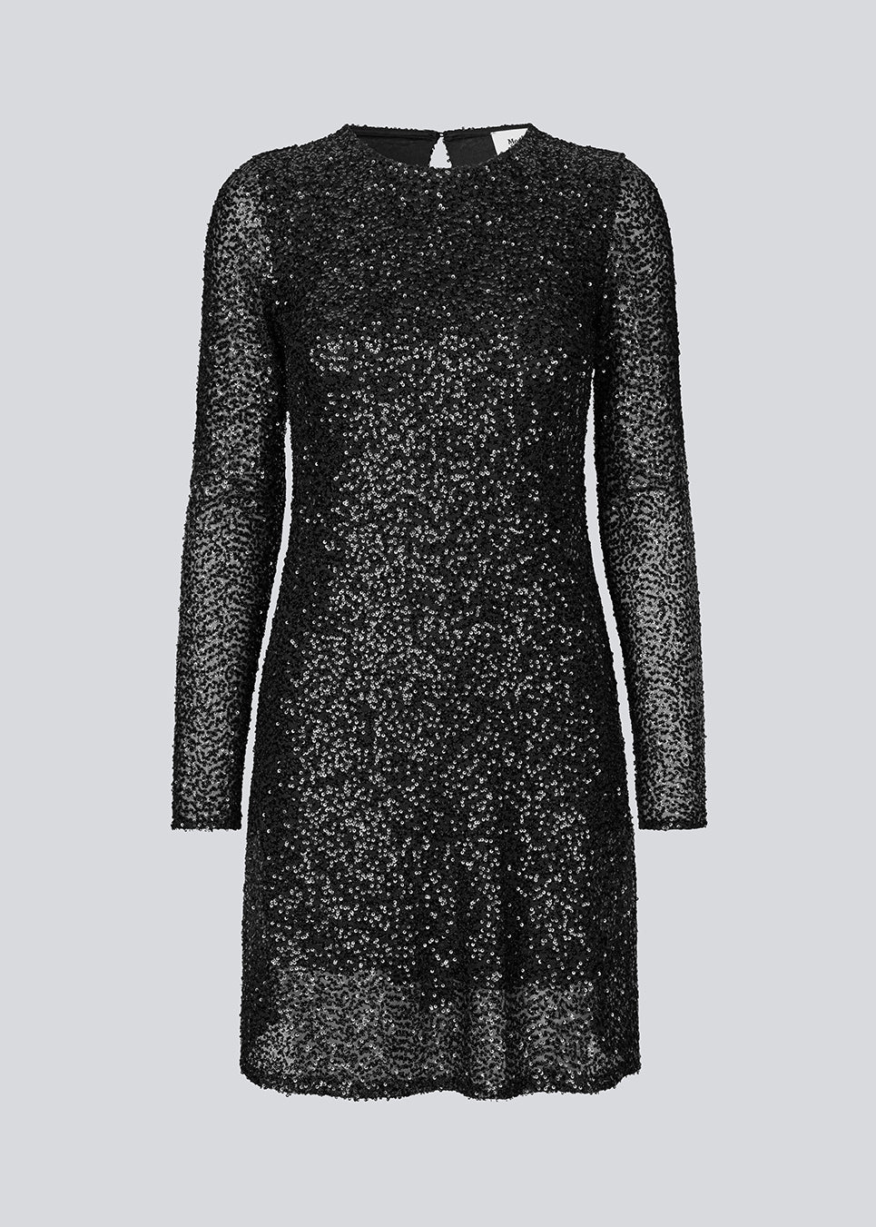 Black short dress with sequins. LaraMD dress has a slim silhouette with a round neck and longsleeves, along with a keyhole opening at the back with a button closure.
