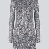 Short dress with silver sequins. LaraMD dress has a slim silhouette with a round neck and longsleeves, along with a keyhole opening at the back with a button closure.