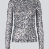 longsleeved top in silver sequence jersey. LaraMD top is fitted and has a round neck.
