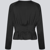Fitted black top with boxpleats in satin. LivMD shirt has a button closure in front and loose sleeves.