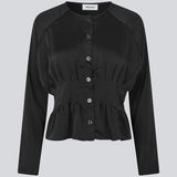 Fitted black top with boxpleats in satin. LivMD shirt has a button closure in front and loose sleeves.