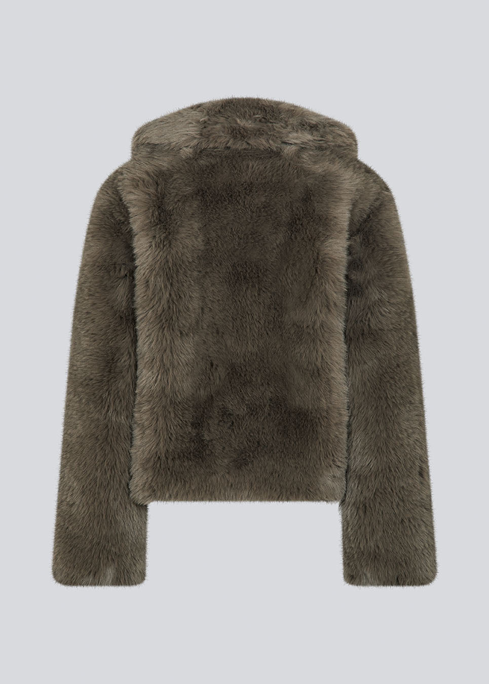 Jacket in a dark brown color with a high neck in fake fur. LouisaMD jacket is slighly cropped, has sidepockets and is cloused with hooks in front.