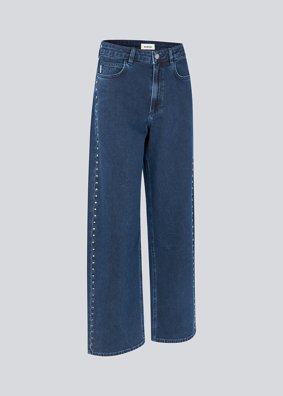 Classic jeans with wide legs and metal studs on the sides. LuccaMD jeans has a zipper, side pockets and two back pockets