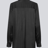 Black long sleeveless shirt in satin. LucillaMD long dress has a v-neck and a scarf at the neck.
