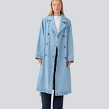 Oversized double-breasted trench coat in denim. MadelineMD denim jacket has dropped shoulders, long wide sleeves and a tieband at the waist. 