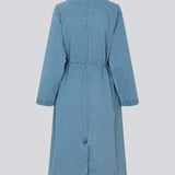 Oversized double-breasted trench coat in denim. MadelineMD denim jacket has dropped shoulders, long wide sleeves and a tieband at the waist. 