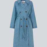 Oversized double-breasted trench coat in denim. MadelineMD denim jacket has dropped shoulders, long wide sleeves and a tieband at the waist. 