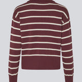 Soft knitted polo in plain jersey knit in burgundy/dark red with white stripes. MalvaMD stripe polo has a collar and a buttonclosure in front. The knit is small and slightly cropped.

