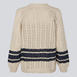 Loose knitted cardigan in beige with navy blue stripes in the button in cable knit. MetteMD cardigan is slightly see-through and has loose sleeves and a button closure. The models are 177 cm and wear a size S/36.&nbsp;
