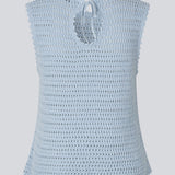 Crochet top in light blue without sleeves in organic cotton. MieMD top has detailed trimmings and a deep v-neckline in the back with a tieband closure. The model is 175 cm and wears a size S/36.