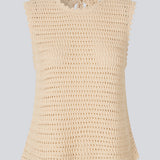 Crochet top in beige without sleeves in organic cotton. MieMD top has detailed trimmings and a deep v-neckline in the back with a tieband closure. The model is 175 cm and wears a size S/36.