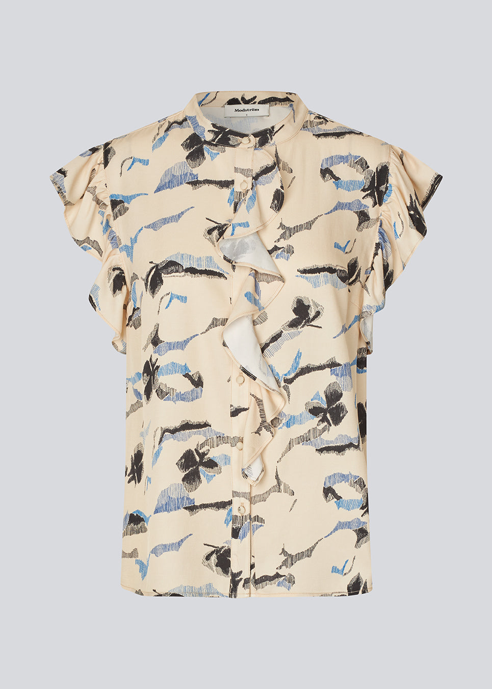 Sleeveless top with frill details. MistMD SS top has a loose fit and a button closure with frill details in front. 