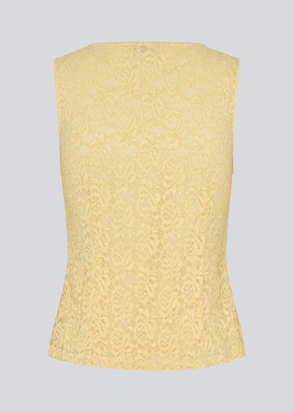 Sleeveless lace top in yellow with a v-neck. MamumdMD top is fitted and has a button closure in front.