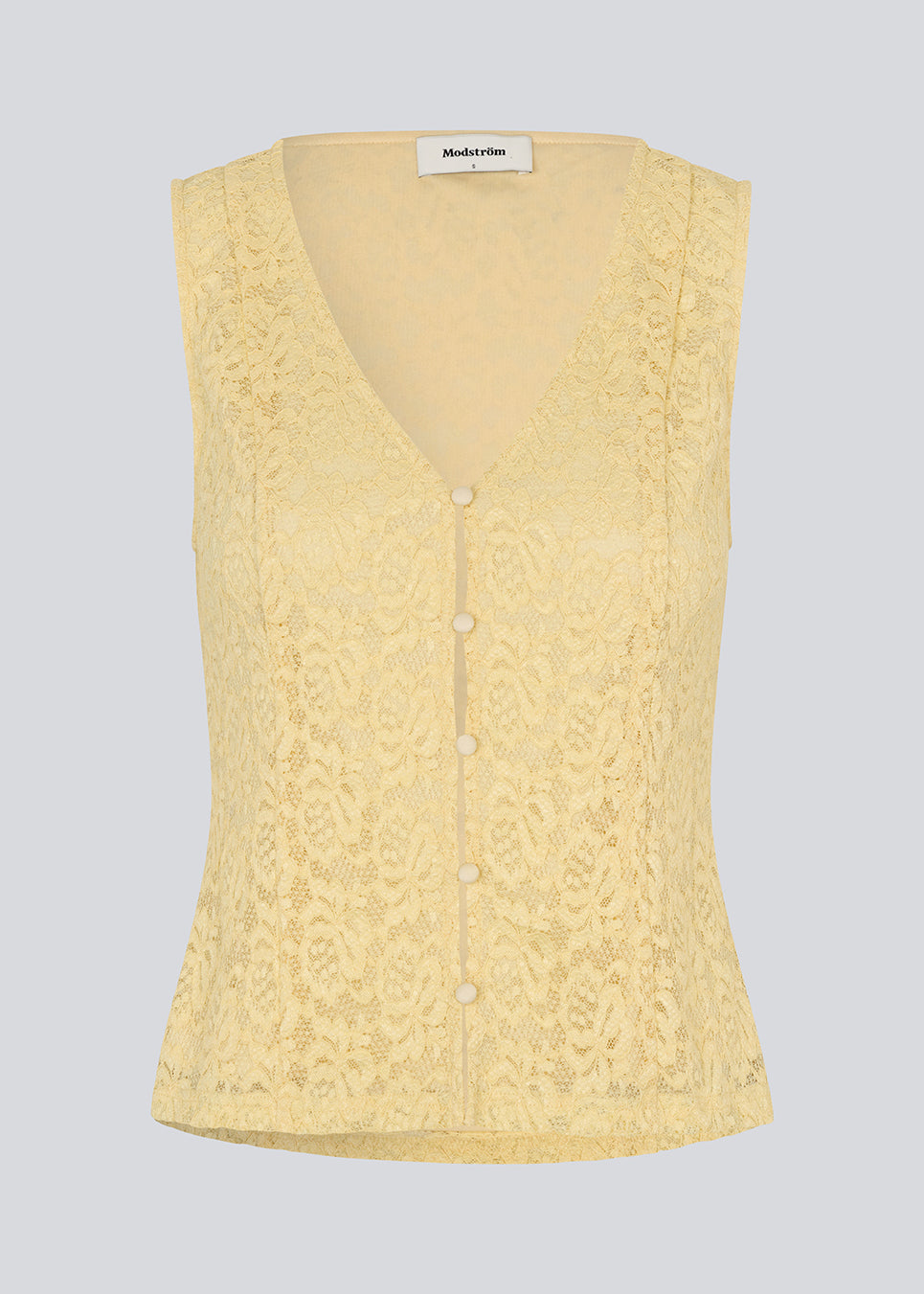Sleeveless lace top in yellow with a v-neck. MamumdMD top is fitted and has a button closure in front.
