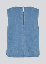 Sleeveless blue top with a round neck in cotton denim. NaomaMD solid top has a loose fit and an opening in the neck with a button closure.