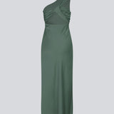Long one shoulder dress in green in satin. NarcissaMD dress has an open back with beautiful details and an invisible zipper in the side.