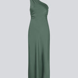Long one shoulder dress in green in satin. NarcissaMD dress has an open back with beautiful details and an invisible zipper in the side.