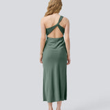 Long one shoulder dress in green in satin. NarcissaMD dress has an open back with beautiful details and an invisible zipper in the side.