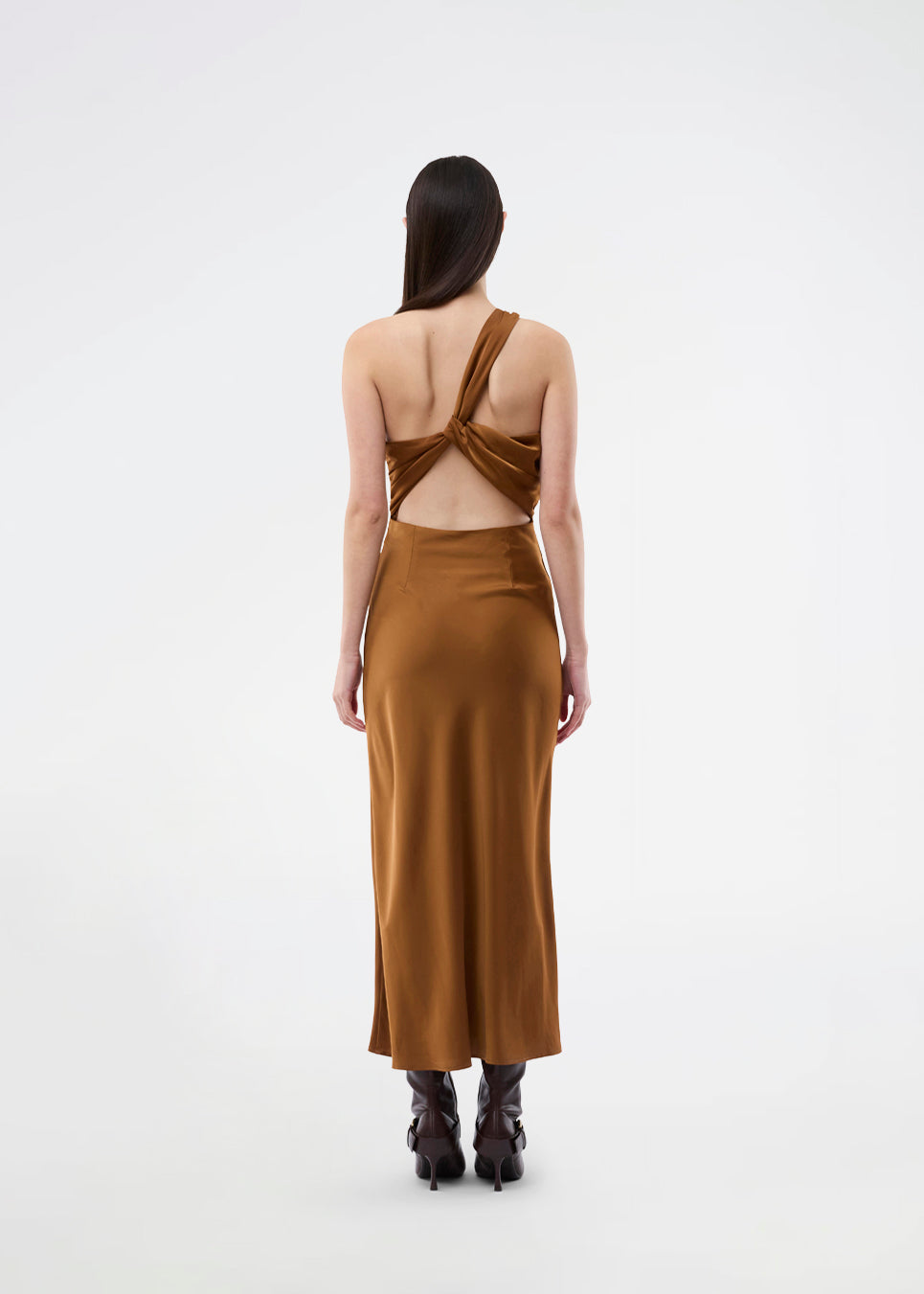Maxi one shoulder dress in satin. NarcissaMD dress has an open back with beautiful details and an invisible zipper in the side.
